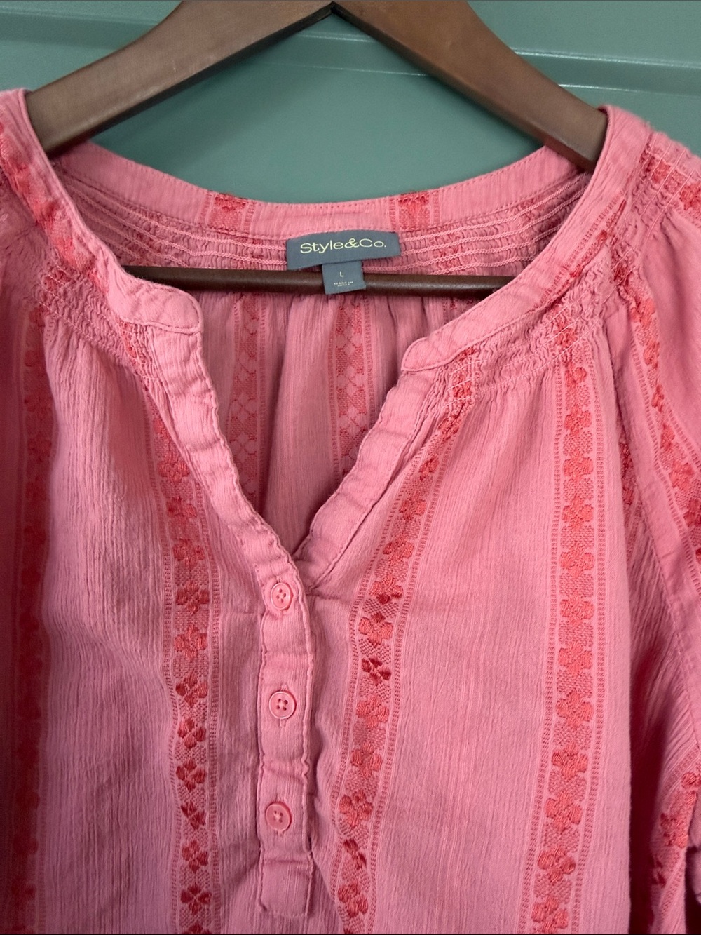Style & Co. Coral Embroidered Peasant Top - Picture 3 of 11